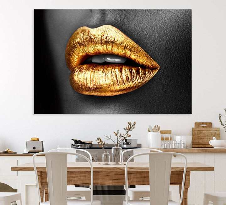 The Gold Lips Canvas Wall Art on a black background is showcased.