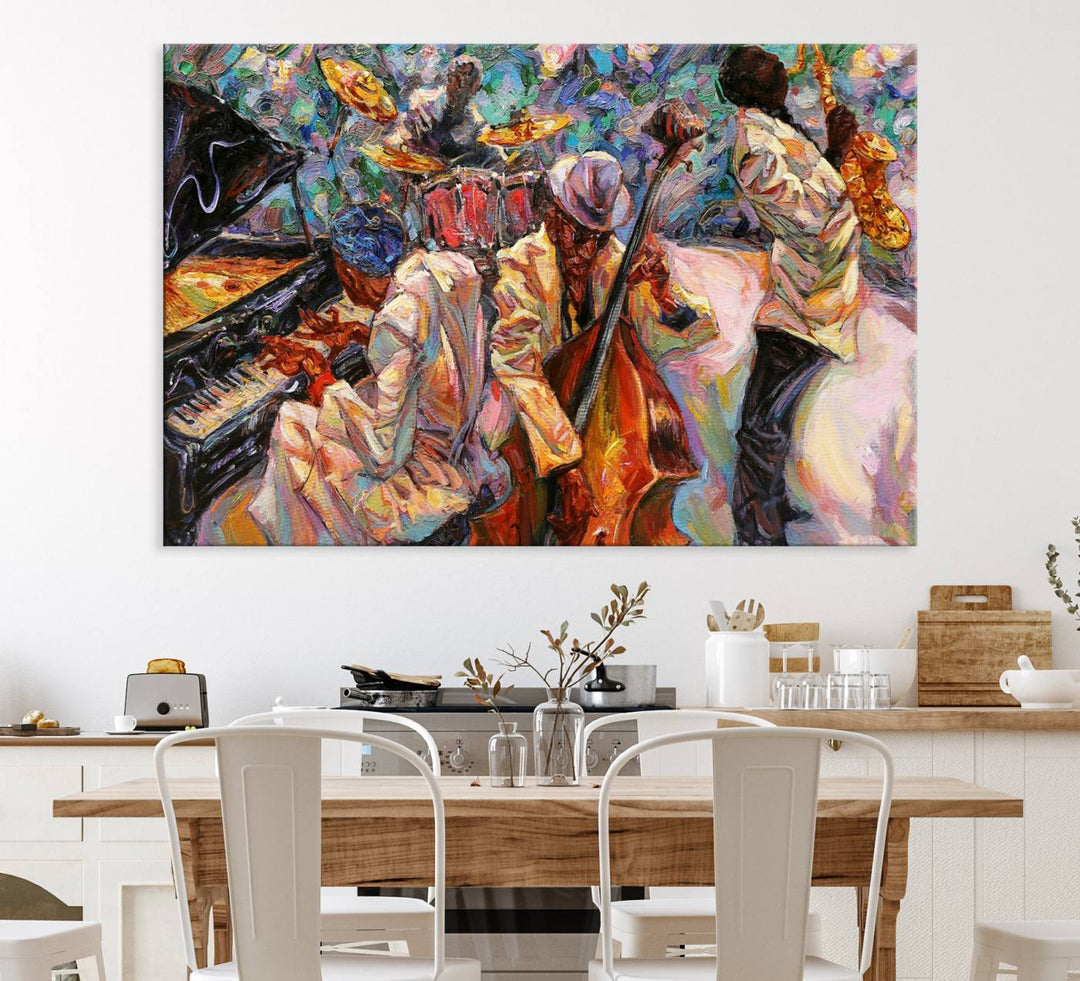 The wall features an African American Jazz Art Music Abstract Painting on Canvas.