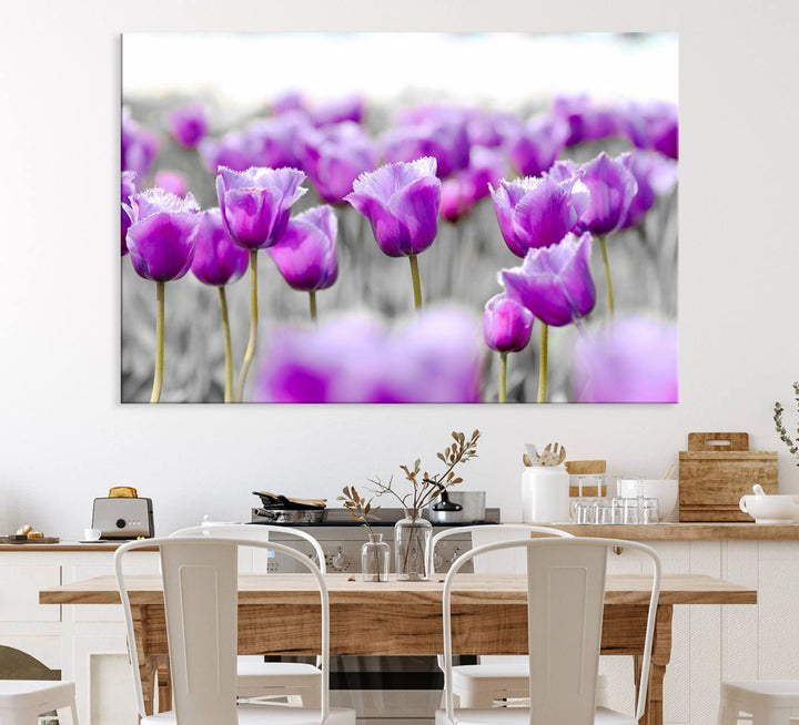 A gallery-wrapped Tulip Fields canvas wall art in a vivid purple hue.