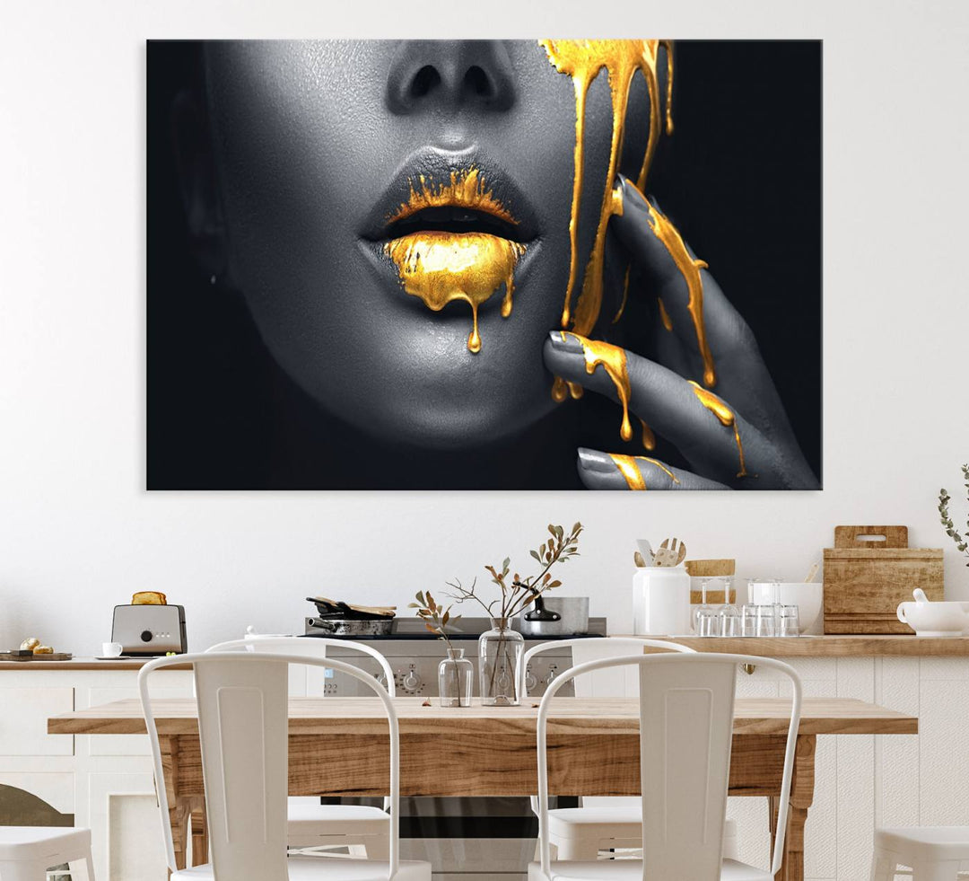 Above the dining area is the Gold Glitter Lips Fashion Makeup canvas wall art.