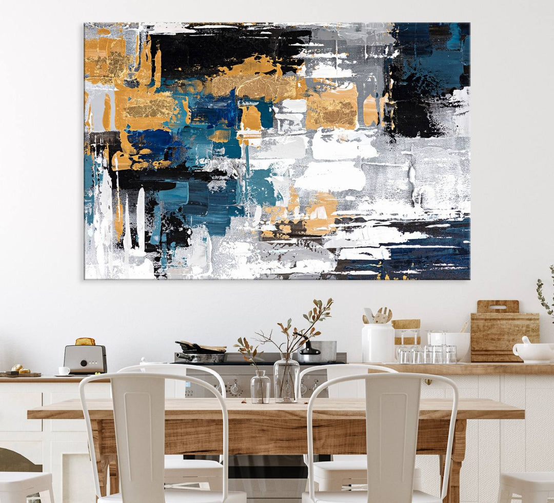 Blue and Gold Abstract Canvas Wall Art hangs prominently.