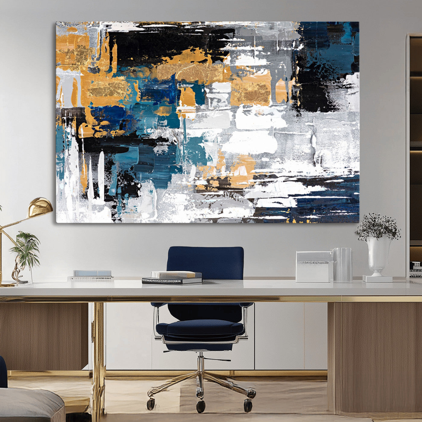 57708-MGV-CV-36X24-Blue and Gold Abstract Canvas Wall Art – Triptych Modern Painting for Living Room – Framed and Ready to Hang