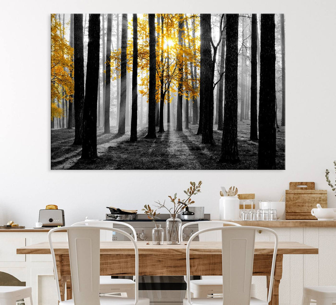 Nature Misty Foggy Autumn Forest Wall Art Print displayed above a modern dining room.