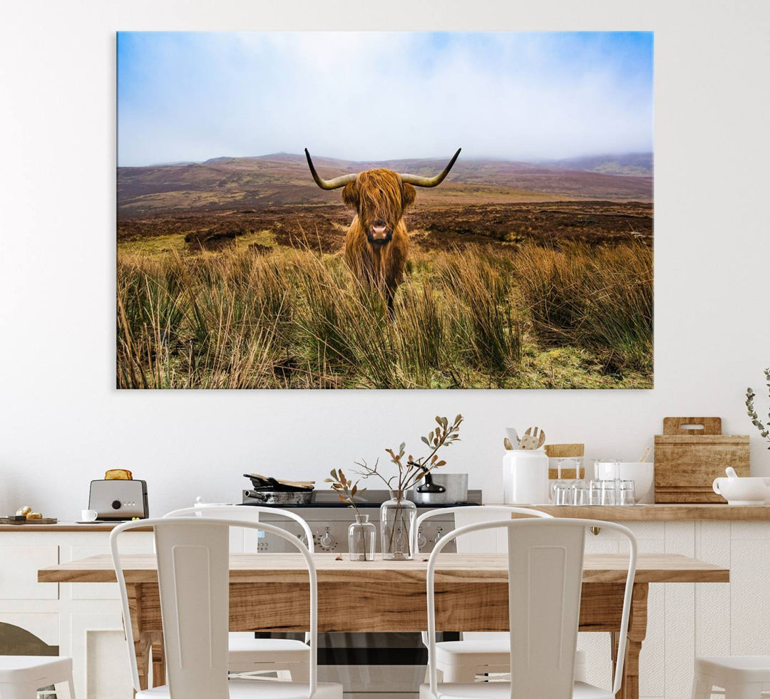 A Scottish Highland Cow art print canvas with UV-protection adorns the wall, preserving vivid details.