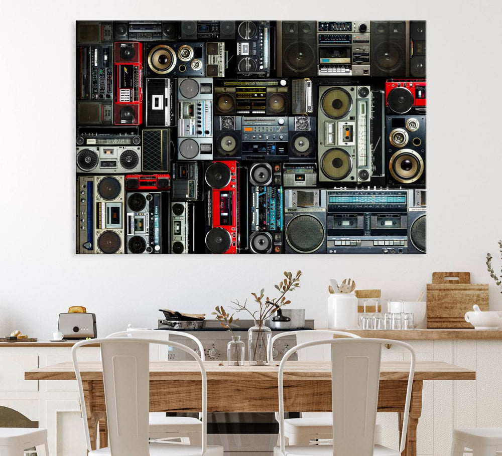 A wall art piece featuring a vintage audio equipment print on museum-quality canvas.