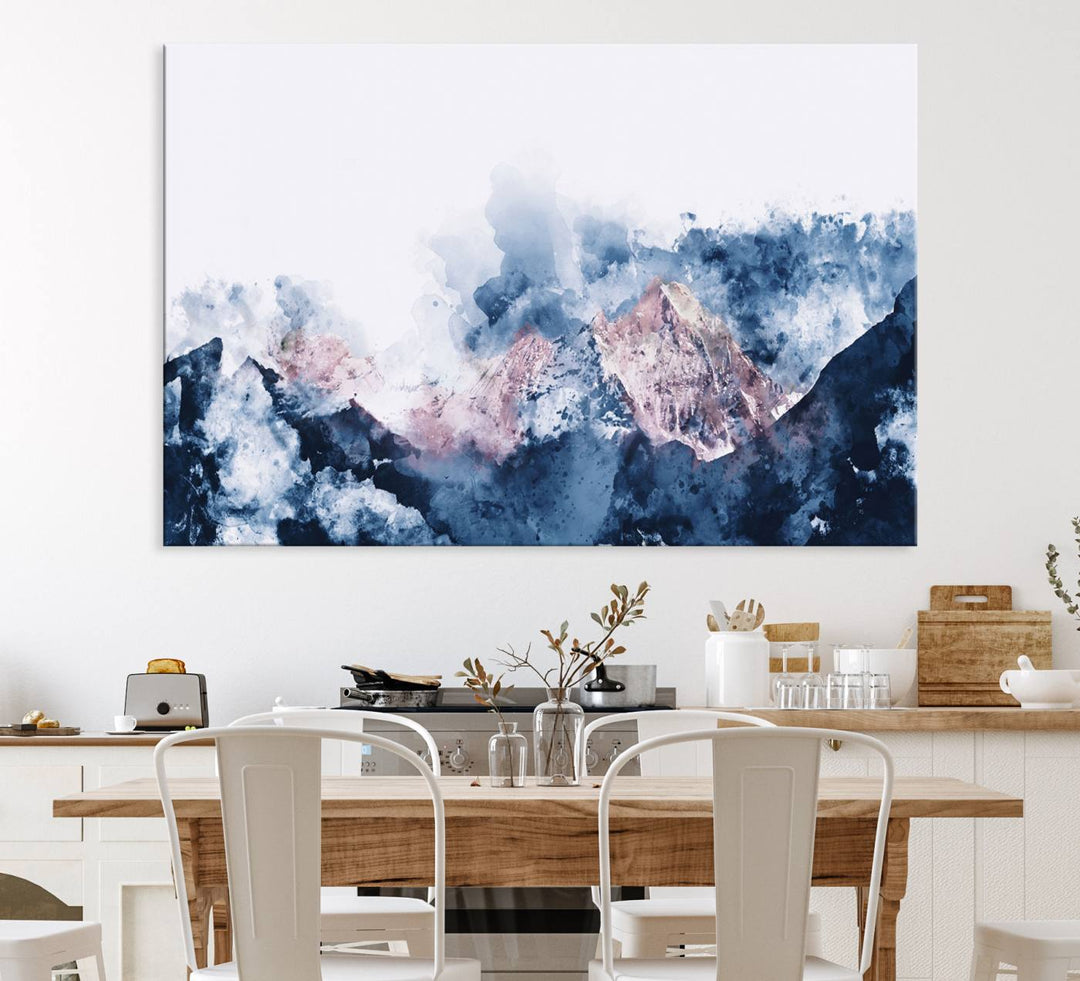 A modern kitchen showcases an Abstract Watercolor Mountain Landscape Art Canvas Print.