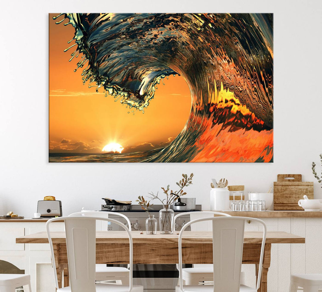 The Ocean Wave With Perfect Sunset canvas wall art adds a striking focal point to the room.