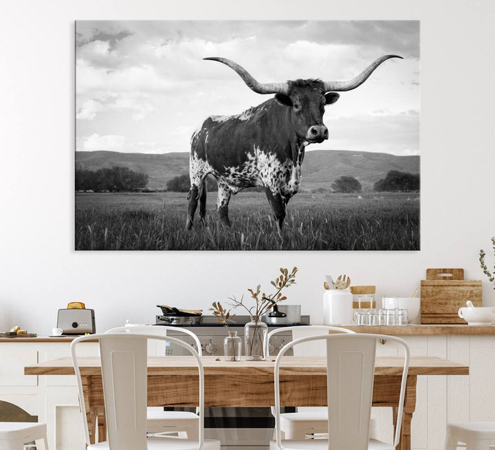 A Black and White Longhorn Texas Cow Canvas Wall Art.