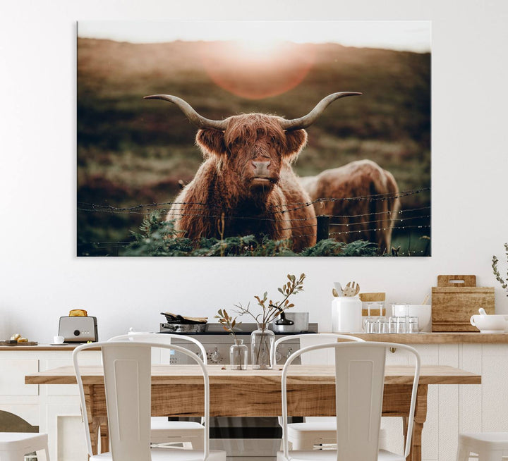 A Highland Cow Animal Canvas Wall Art, featuring a grassy field, is displayed on the wall.