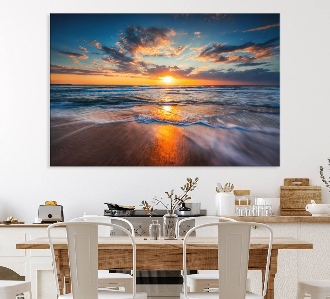 A museum-quality Beautiful Sunset over the Horizon canvas adorns the living room wall.