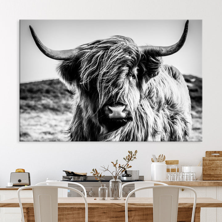 Highland Cow Wall Art | 3-Panel Black and White Highland Cow Canvas Print for Western Farmhouse Decor