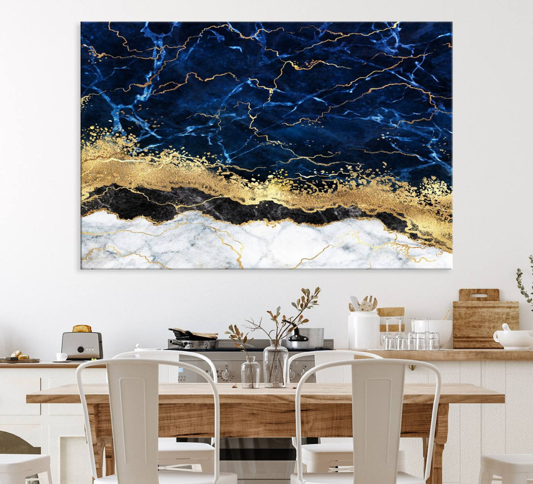 Navy Blue Marble Fluid Effect Canvas Wall Art, featuring a gold and white abstract design, adds a finishing touch to your modern kitchen decor.