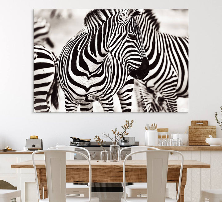 Brilliant Zebra Photography Art Canvas Print Black and White is displayed outside a plant-adorned building.