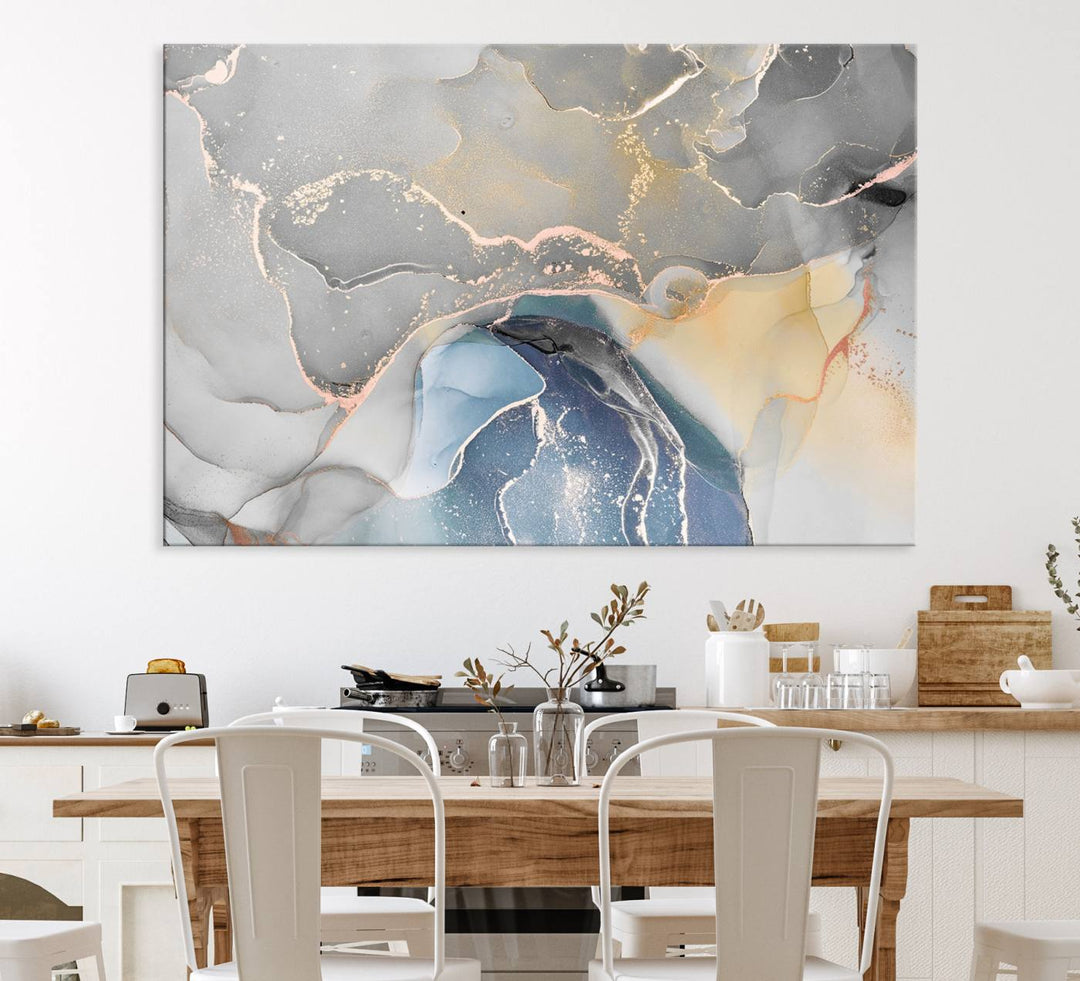 Gray Marble Fluid Effect Abstract Canvas with swirls of gray, gold, and blue.