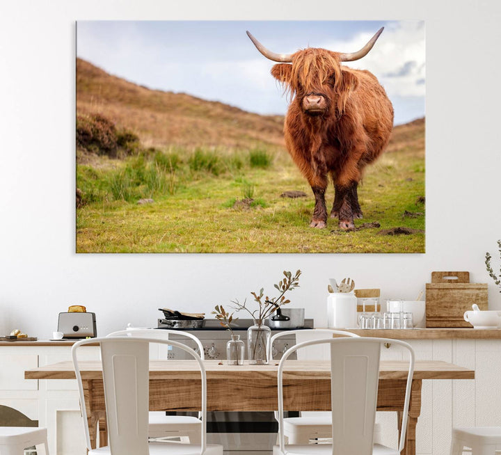 A Highland Cow Animal Canvas Wall Art hangs on the wall, adding warmth to the room.