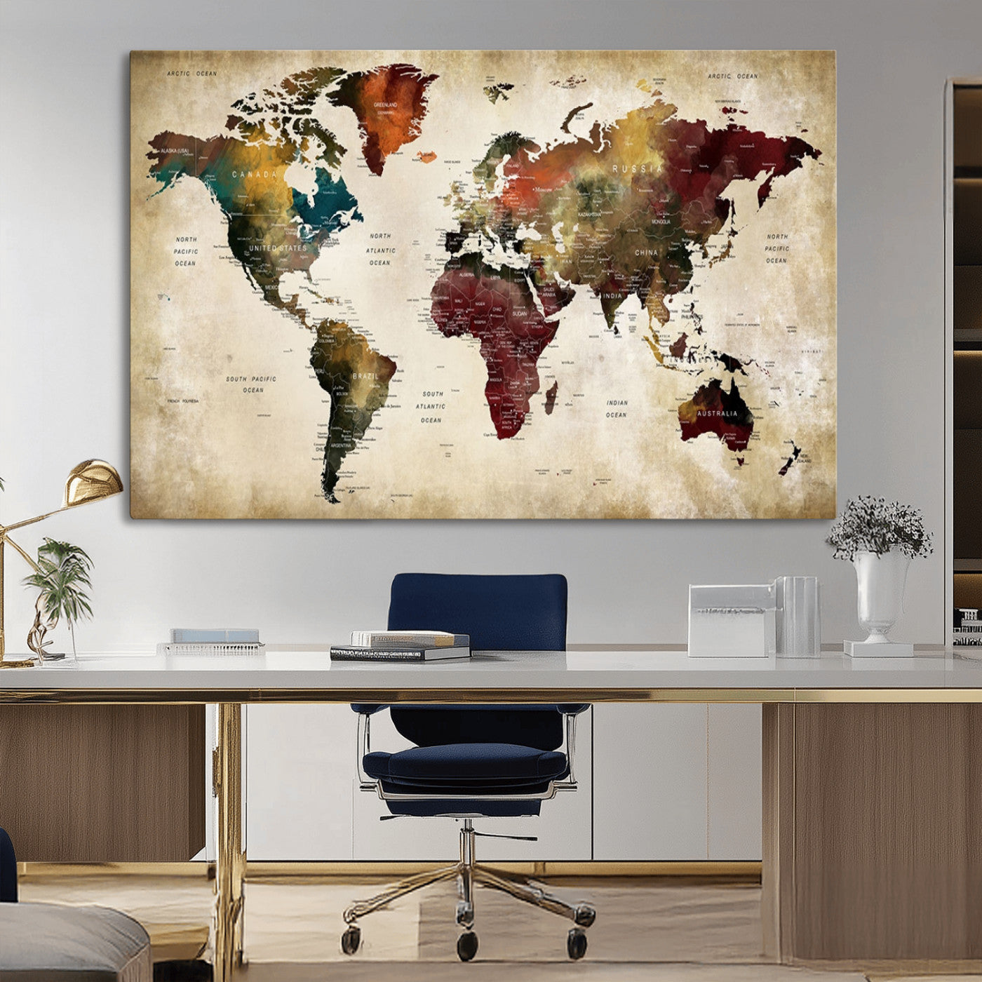 MGV-CV-36X24 - Large World Map Wall Art Canvas Print, Framed Push Pin Map Art Picture Print, Abstract Traveller Map Perfect Modern Decor Artwork