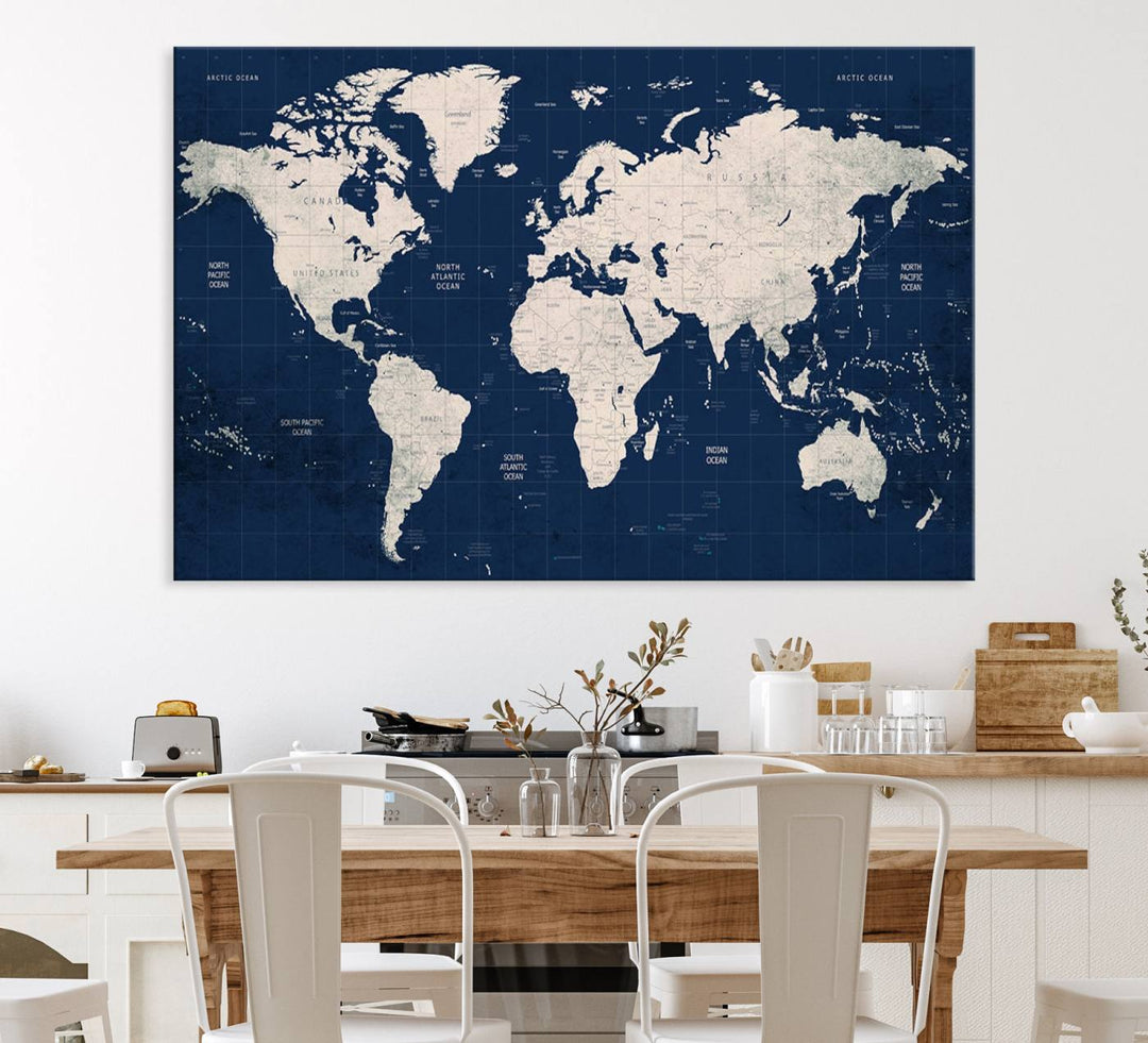 Large modern world map wall art canvas print in beige and navy; showcases a 3-panel vintage map design and is ready to hang.