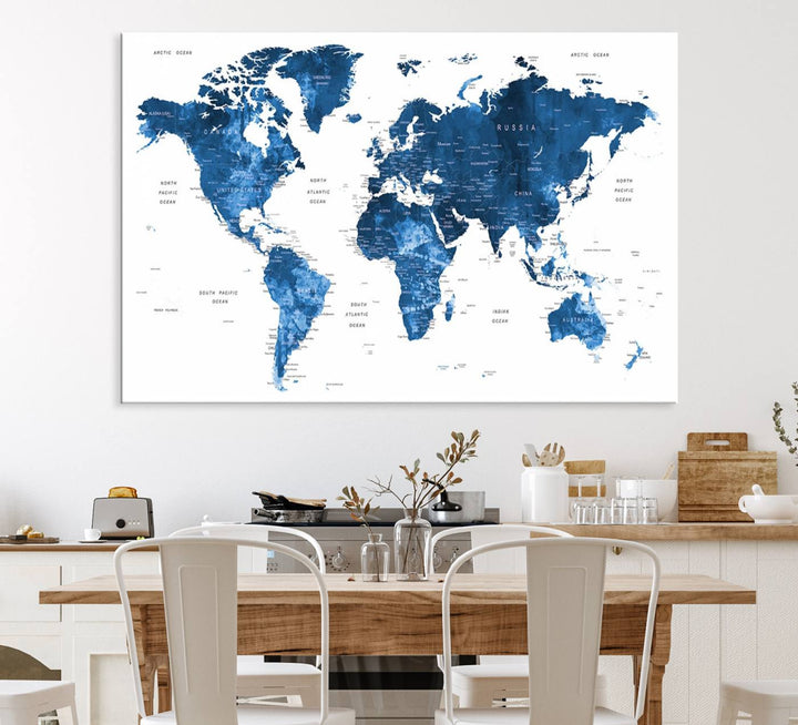 Navy Blue Wall Art World Map Canvas Print, an ideal piece for anyone seeking unique home or office decor.