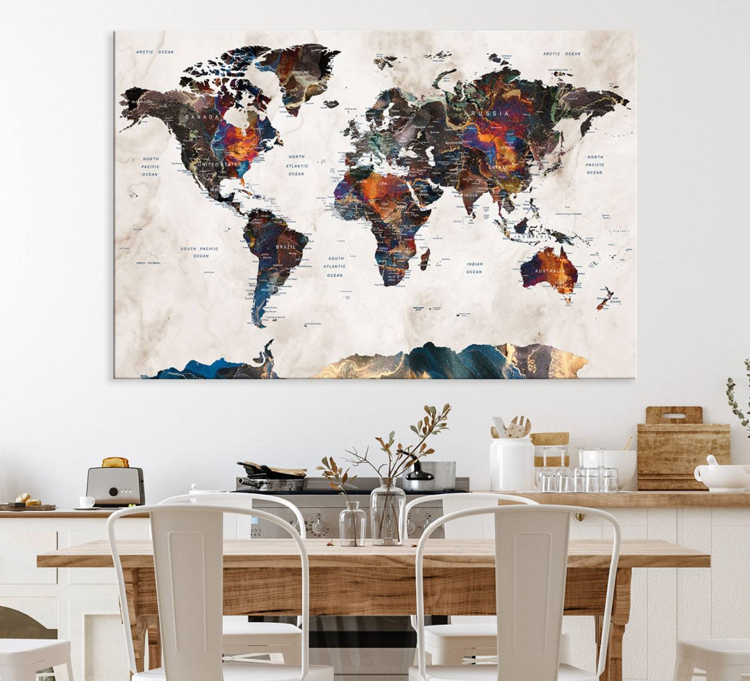 Watercolor World Map Canvas Print in earthy hues with a grunge background, ideal for wall decor.