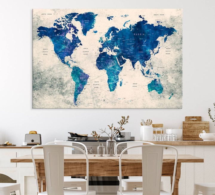 Navy Blue Push Pin World Map Canvas Print featuring a grunge-stained background, with labeled countries and oceans.