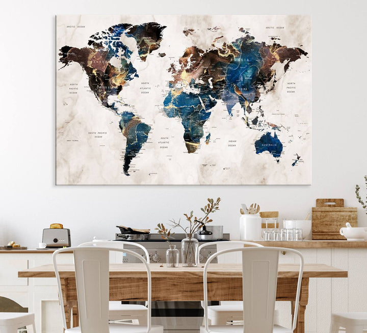 Abstract earth-toned 3-panel world map wall art featuring blues and browns, ready to hang; it showcases continents on modern canvas.