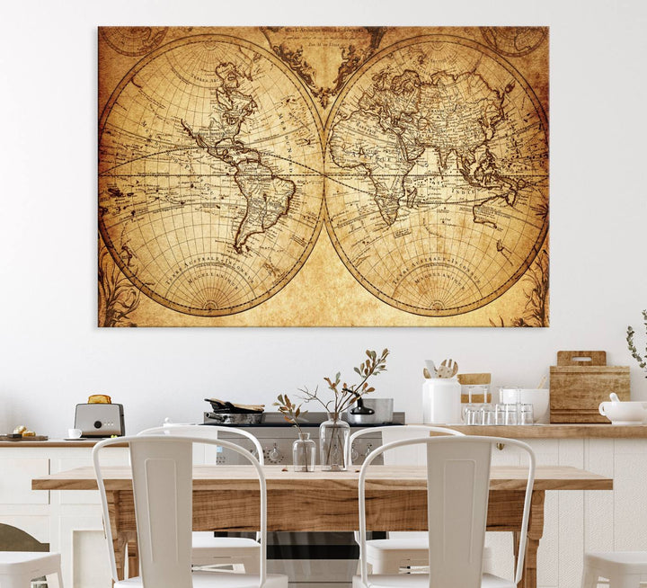 Vintage World Map Wall Art | 3-Panel Canvas Print for Living Room, Office, or Study | Giclee Canvas with Antique Design