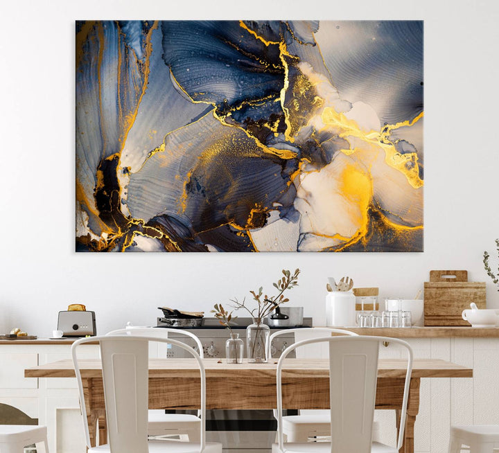 Large Abstract Wall Art Print - Gold and Blue Abstract Canvas Wall Art | Fluid Ink Modern Luxury Wall Decor for Living Room Decor