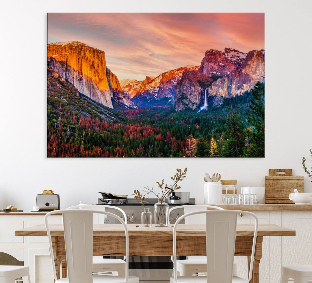 An El Capitan Yosemite Canvas showcasing a sunset over a mountain valley.