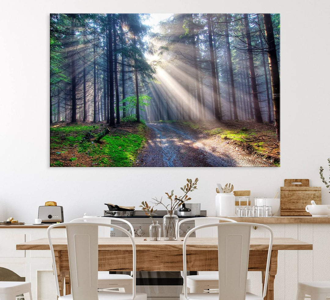 The dining area features a 3-panel Forest Path Canvas showcasing sun rays filtering through a misty forest.