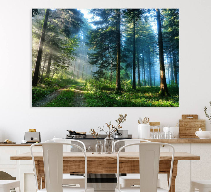 Enhancing the space is the Forest Sun Shine wall art canvas print, showcasing a serene forest scene.