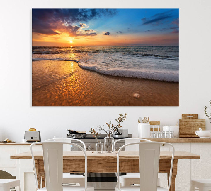 The Golden Sunset Beach Waves Triptych adds a modern coastal touch with its stunning seascape.