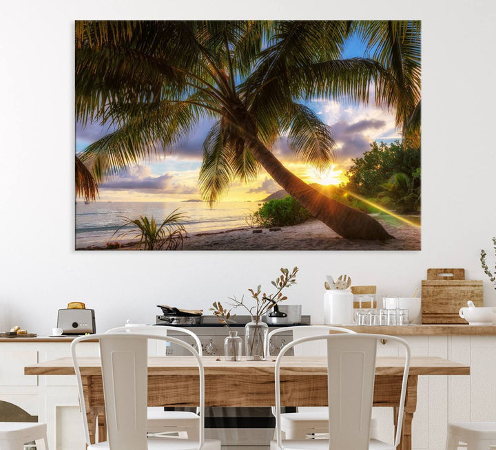 A Coastal Sunset Palm Tree canvas print hangs prominently.