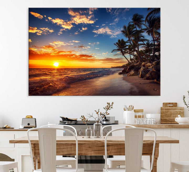 A stunning Tropical Beach Sunset Canvas Art featuring palm trees and ocean waves, created as a Giclee print.