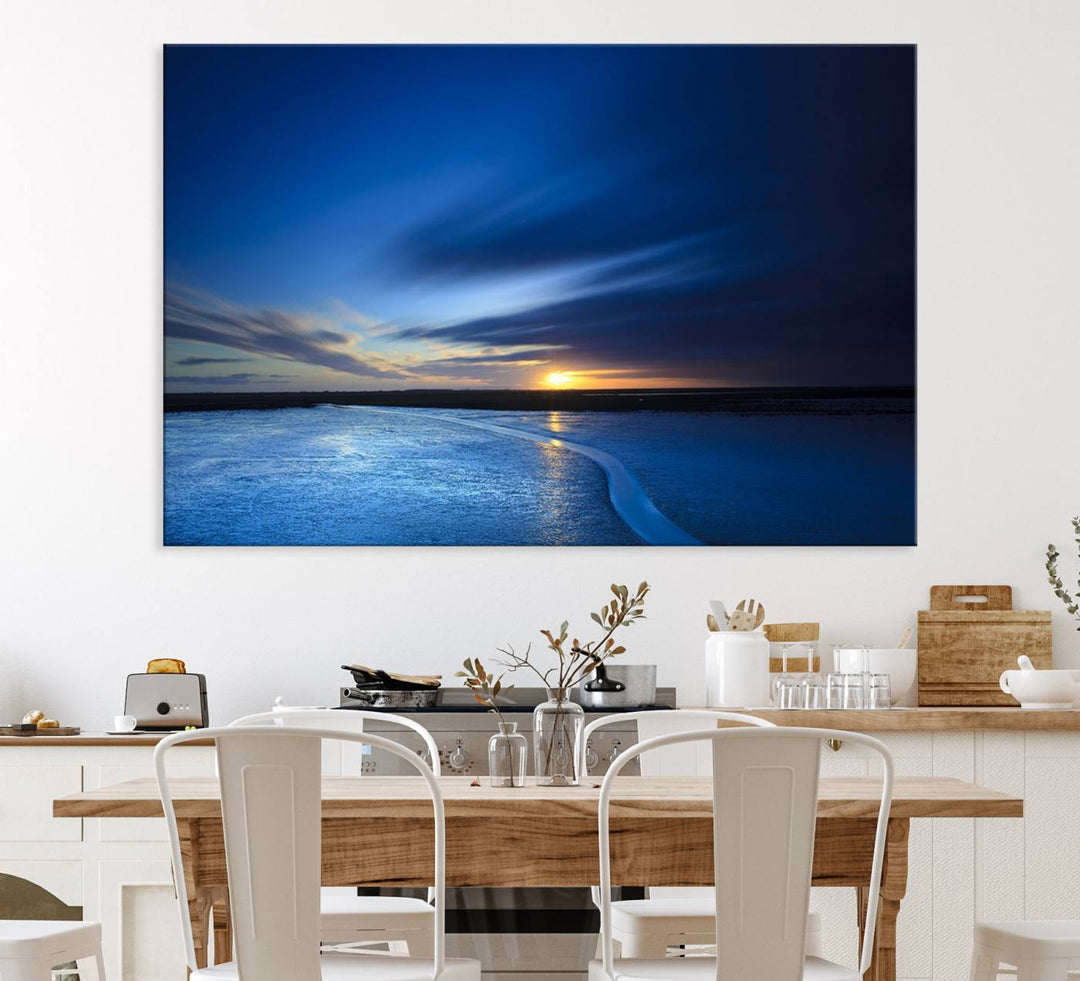 Modern decor: Deep Blue Ocean Sunset Triptych for a serene coastal vibe.