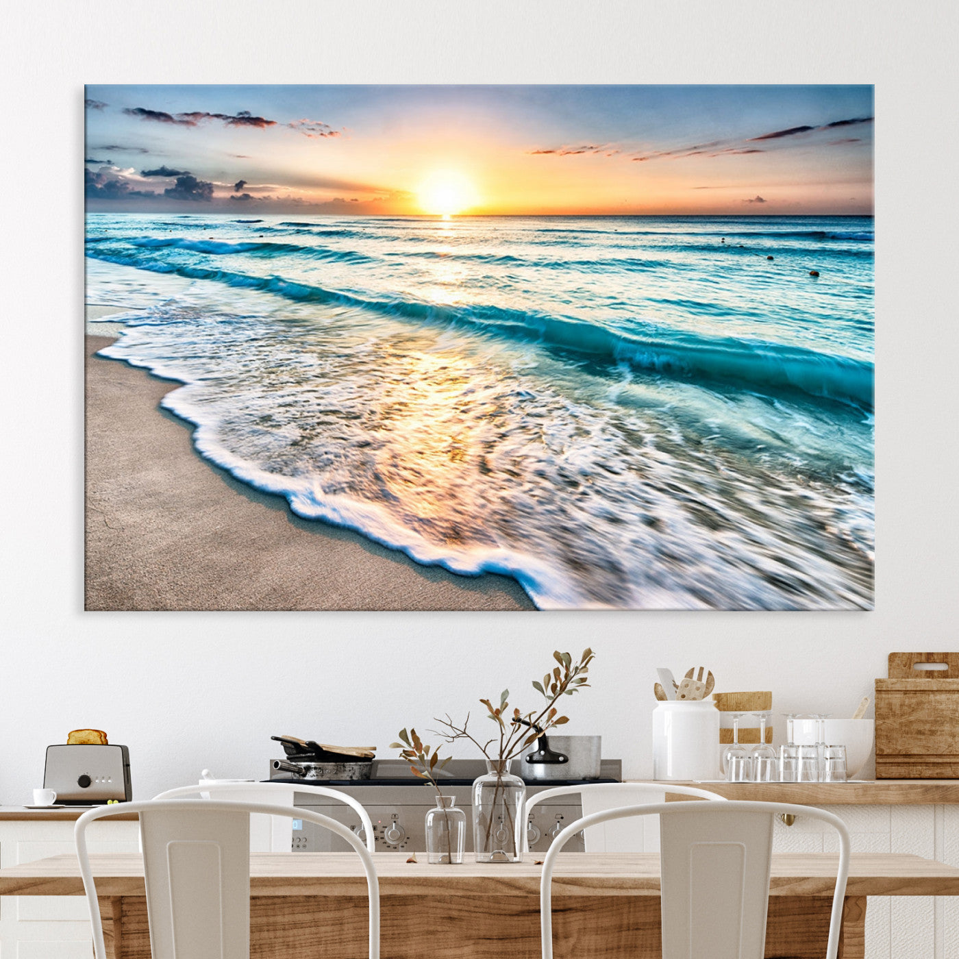 27815-MGV-CV-36X24-Sunset Beach Waves Canvas Wall Art – 5-Panel Ocean Sunset Print – Coastal Decor for Living Room or Bedroom – Ready to Hang