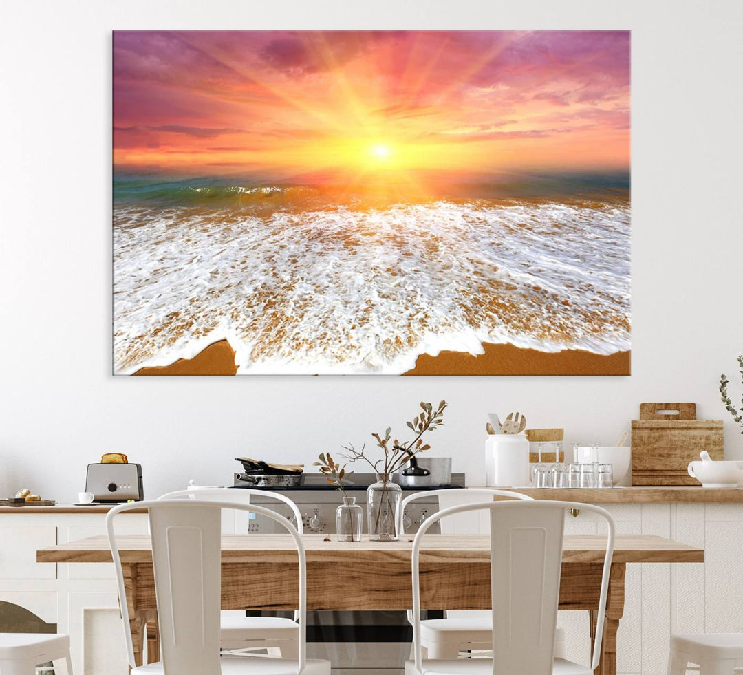 Golden Beach Sunrise 3-panel canvas art of ocean waves, hung on a wooden wall.