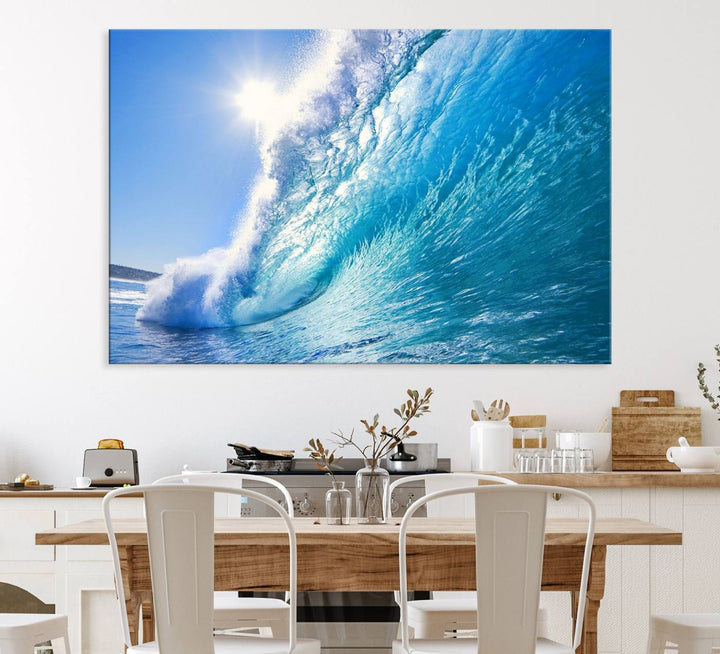 The Blue Big Wave Surfing Ocean Canvas adds a coastal vibe to a wooden wall.