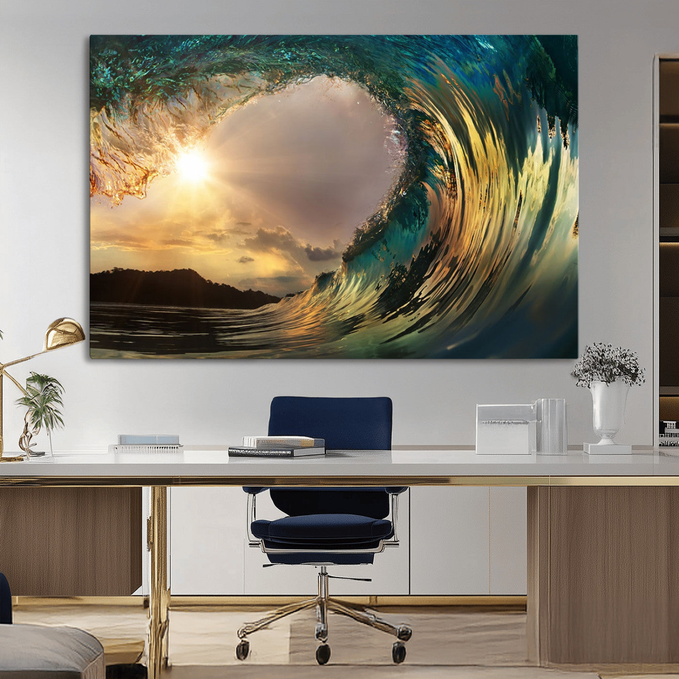 MGV-CV-36X24 - Golden Wave Sunset Giclee Canvas Print – Large Coastal Wall Art for Nature Lovers, Captivating Ocean Wave Decor
