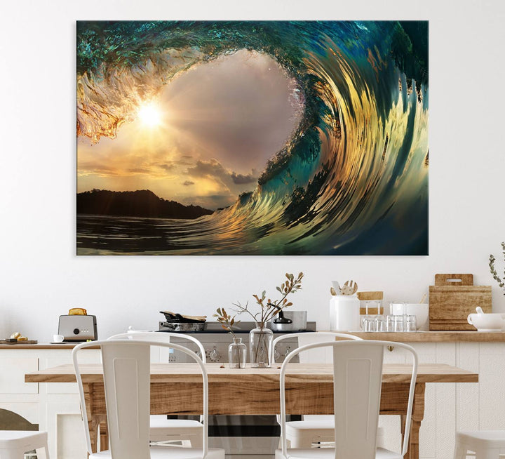 A Golden Wave Sunset Giclee hangs above, showcasing colorful ocean wave art.