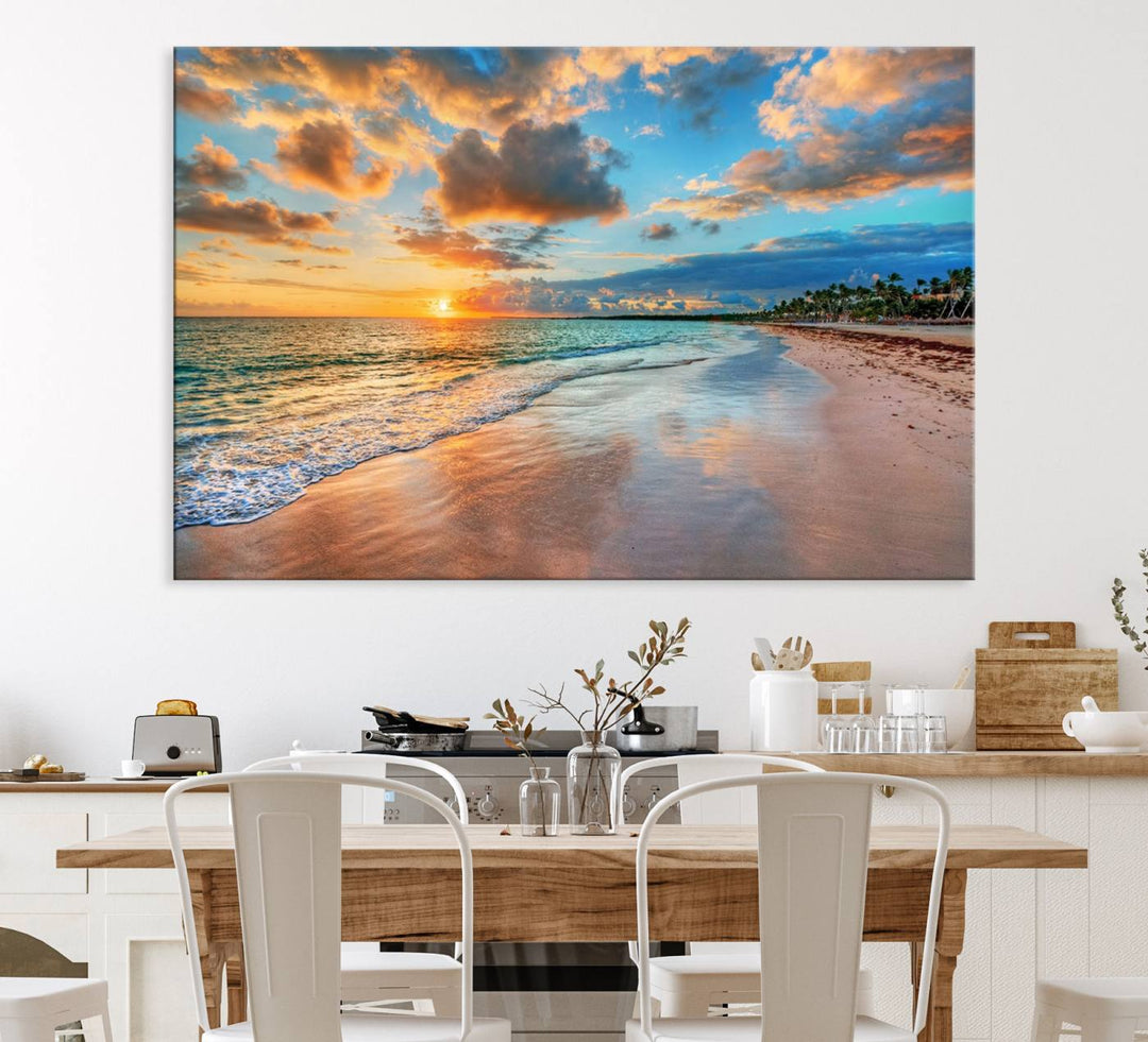 A wall displays Sunset Ocean Waves on Tropical Beach 3-panel canvas art.