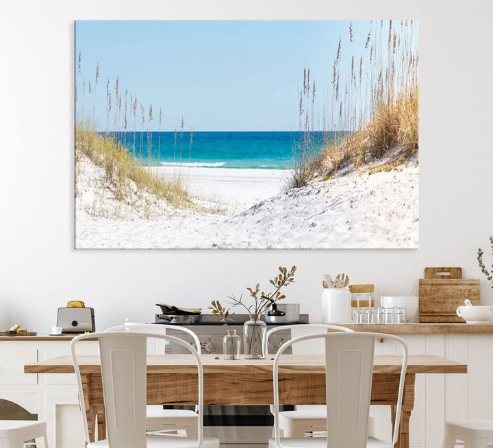 Serene Coastal Dune Path with Ocean View, 3-Panel Beach Canvas Art; tranquil seascape for coastal decor.