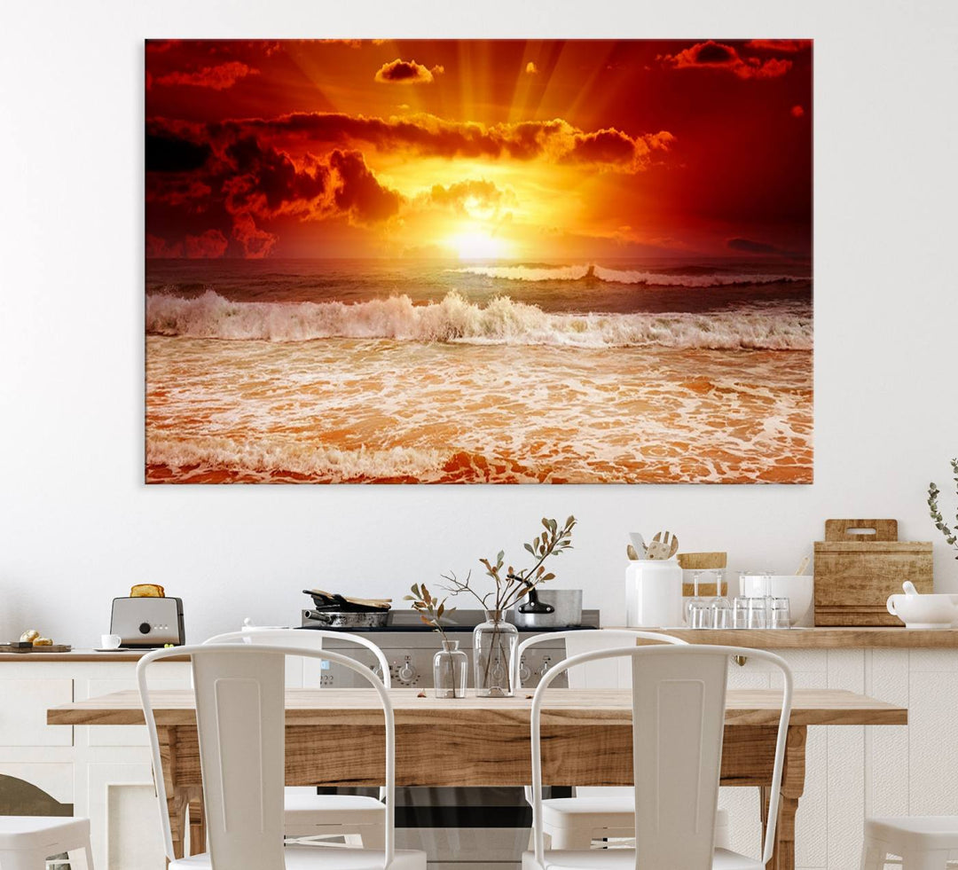 The Red Sunset Ocean Beach Canvas depicts ocean waves.