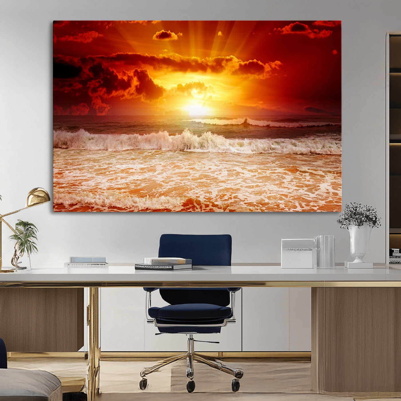 MGV-CV-36X24 - Red Sunset Ocean Beach Canvas Wall Art Beach Canvas, Coastal Sunset Print