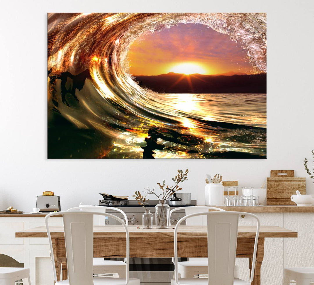 The Golden Wave Sunset Triptych Canvas Art showcases an ocean wave at sunset, casting warm light.