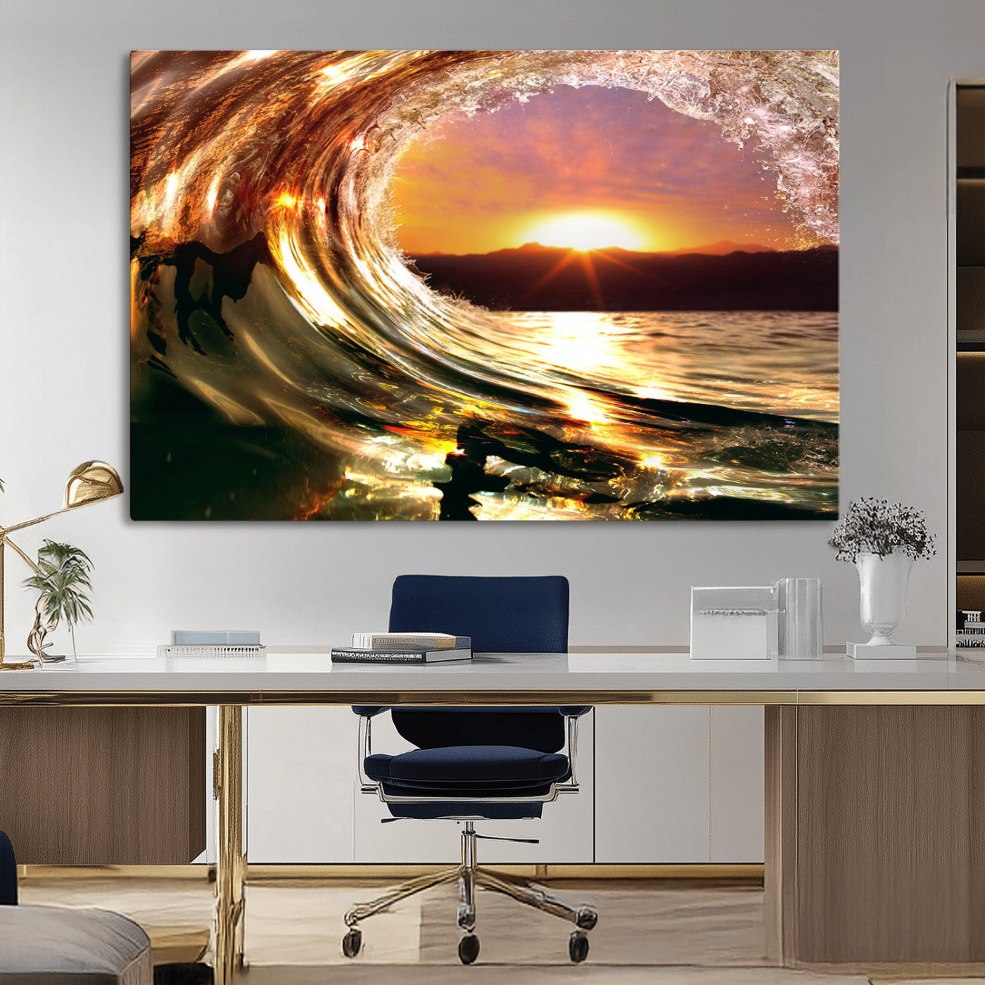 MGV-CV-36X24 - Golden Wave Sunset Triptych Canvas Art, Giclee Canvas Print of Ocean Wave and Sunset, Canon Print Quality with Gallery Wrap