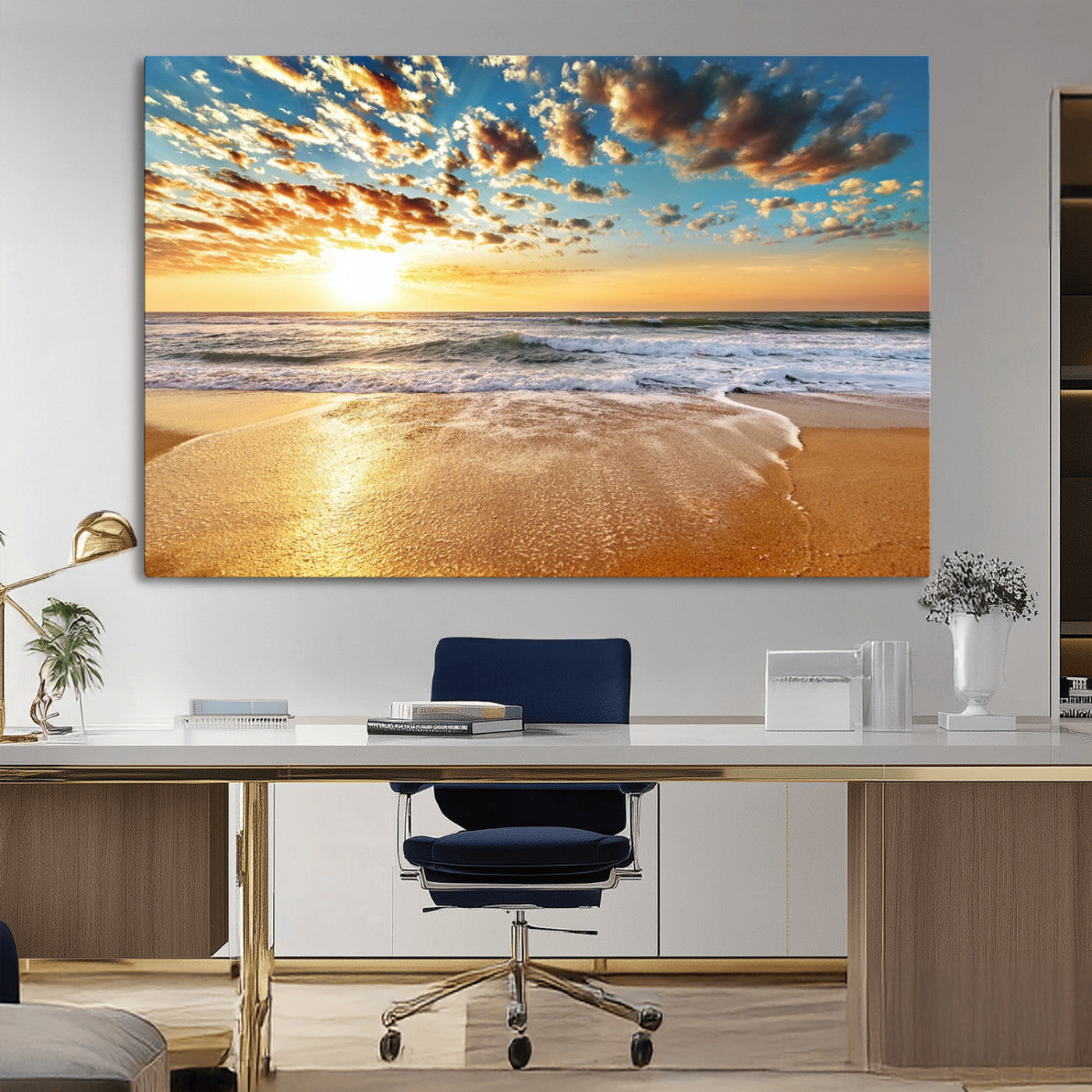 MGV-CV-36X24 - Golden Sunset Beach, Giclee Canvas Print with Canon Print Quality, Triptych Gallery Wrap