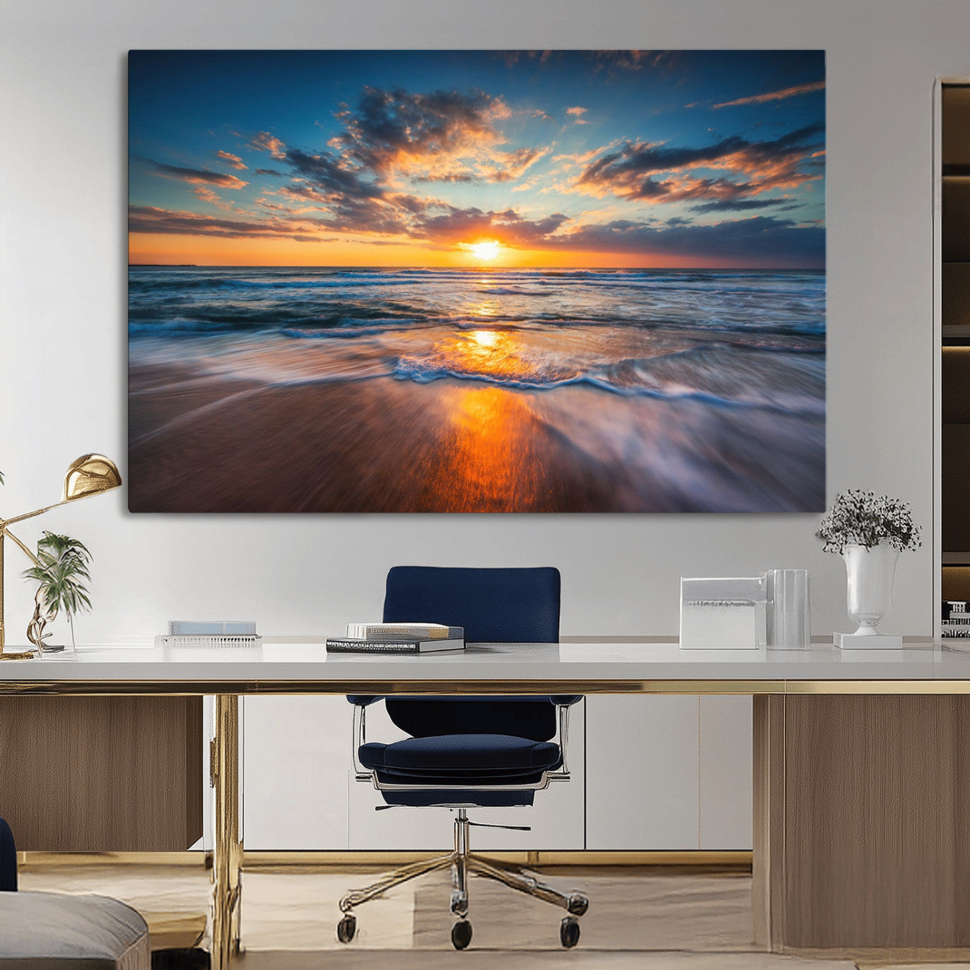 MGV-CV-36X24 - Sunset on the Ocean Beach with Waves, Reflections on Sand, Coastal Wall Art Print, Beach Wall Art, Ocean Sunset Canvas, Seascape Giclee Canvas Print