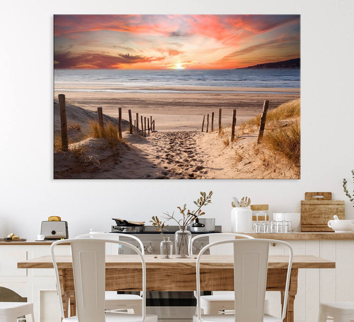 The Sunset on the Sea Wall Art Canvas Print beautifully captures a beach sunset and waves, enhanced with a UV-protective coating.