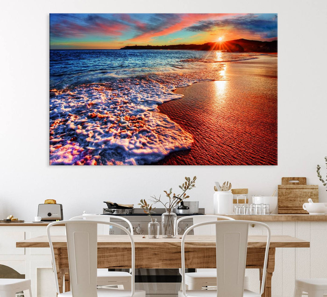 The Colorful Coastal Sunset on the Beach canvas print portrays ocean waves at dusk.