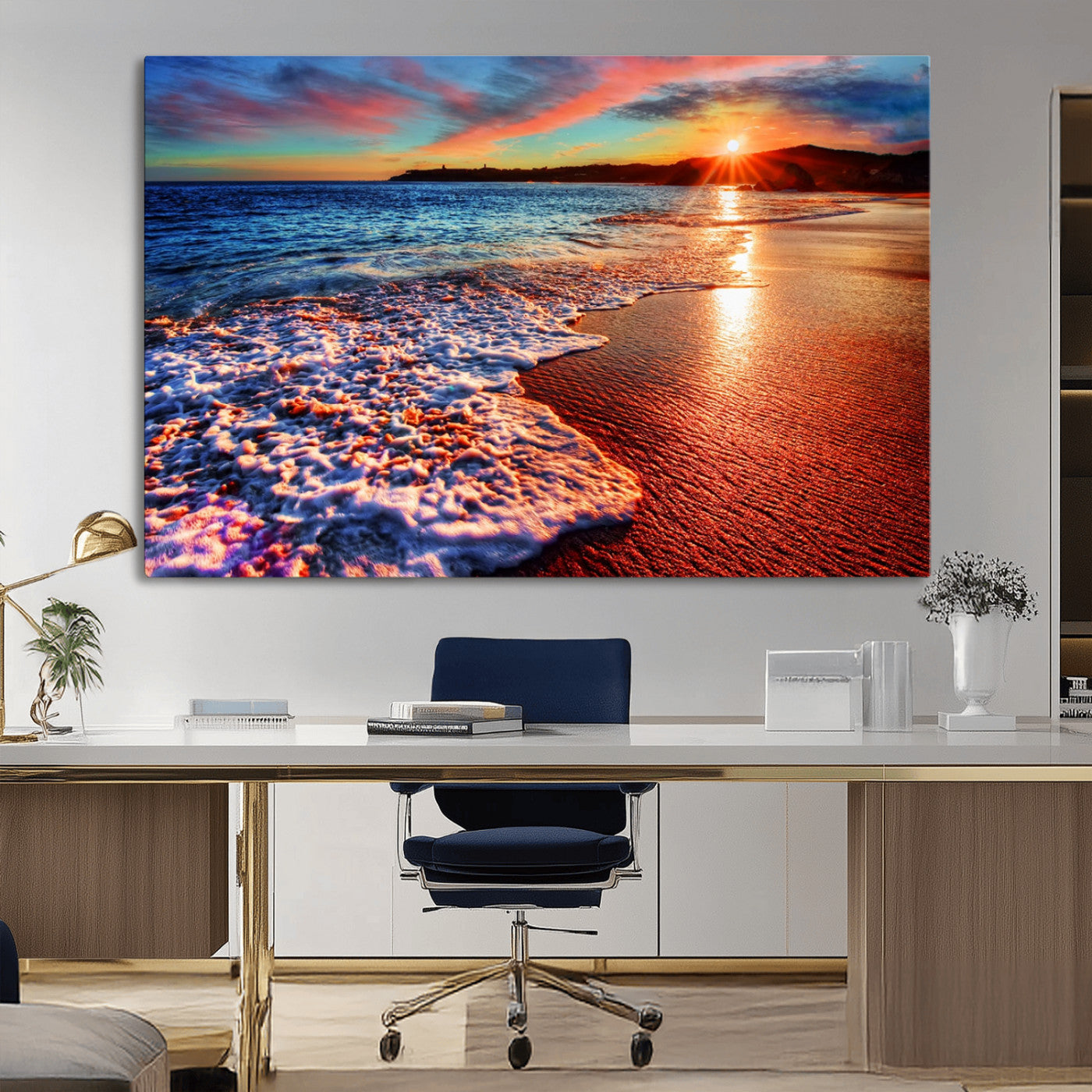 MGV-CV-36X24 - Colorful Coastal Sunset on the Beach Canvas Print, Ocean Waves Crashing at Dusk, Multi-Panel Seascape Vibrant Coastal Wall Art Canvas Print